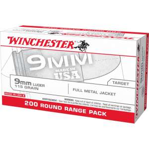 Winchester FMJ 9mm Luger 115-Grain Handgun Ammunition - 200 Rounds